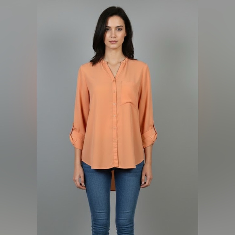Mossimo High-Low Chiffon Blouse Peach/Coral V-Neck Polyester Shirt Size XS